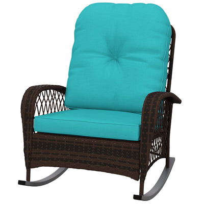 Outsunny Outdoor Wicker Rattan Rocking Chair Patio Rocker with Thick Cushions for Garden Backyard Porch, Turquoise 
