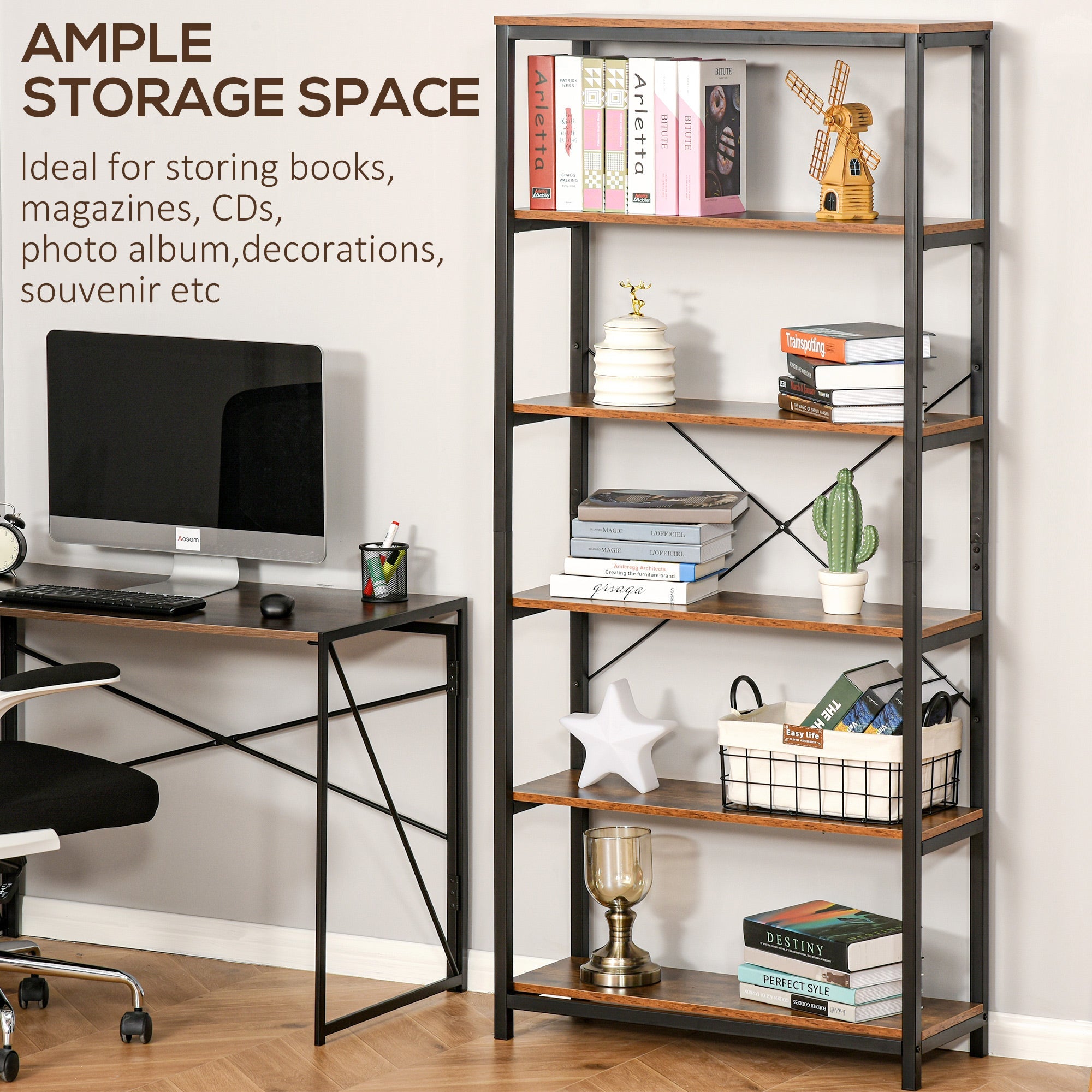HOMCOM Bookcase 6-Tier Retro Industrial Metal Frame Display Shelf Living Room Study 