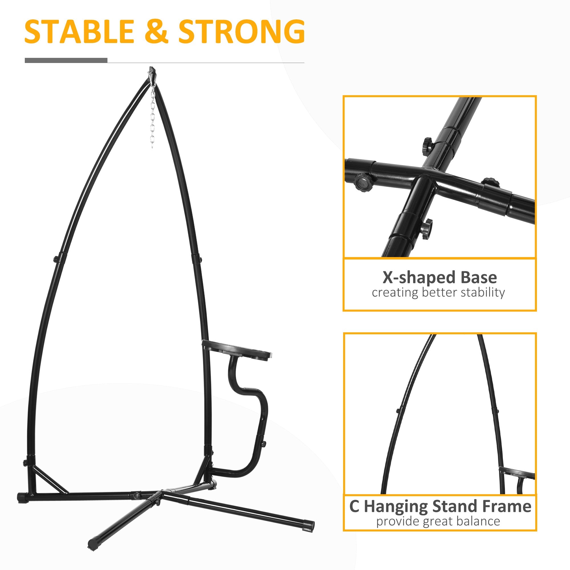Outsunny Hammock Chair Metal C-Stand - Durable Stand Only for Hanging Chairs, Includes Tray, Ideal for Indoor/Outdoor Use, Black 