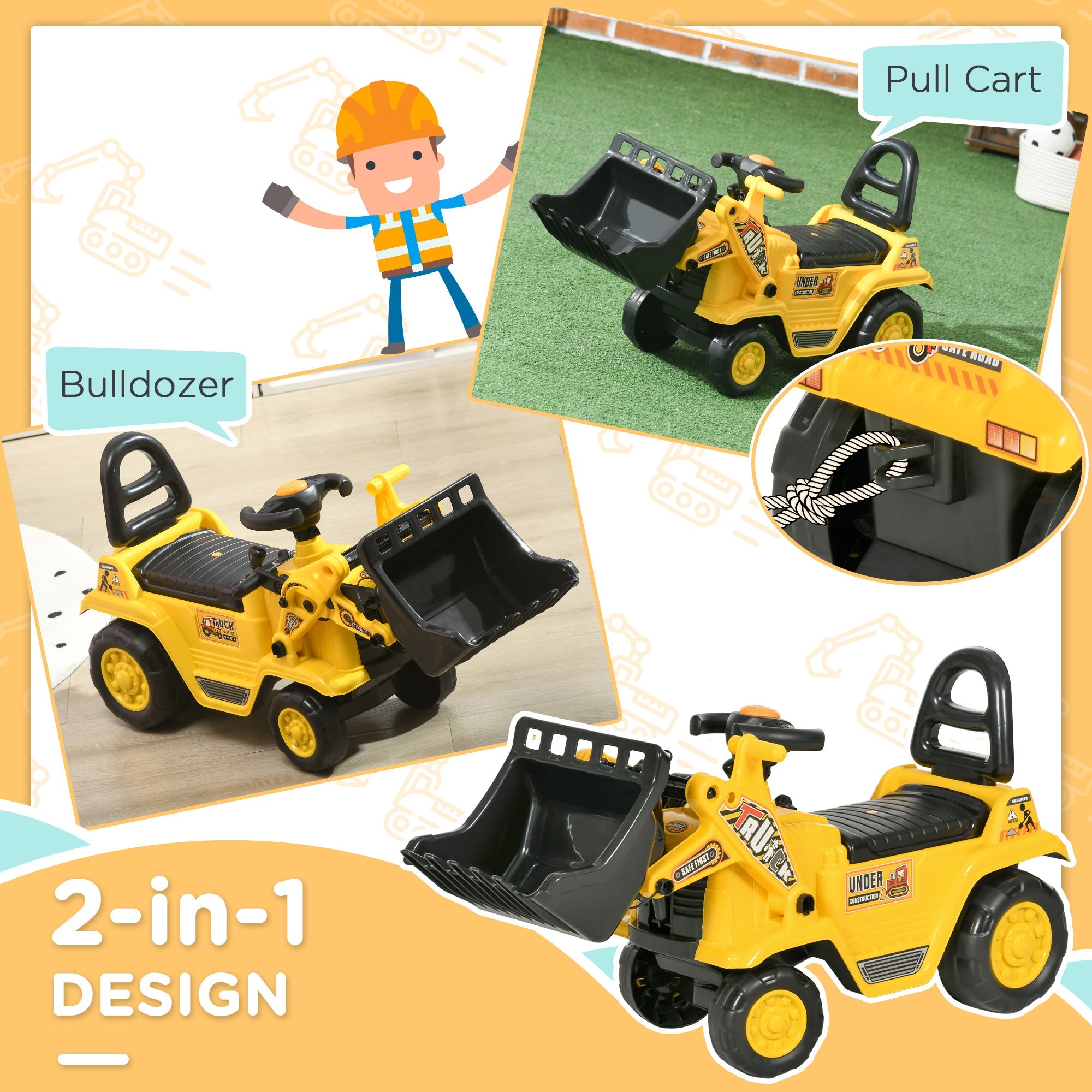HOMCOM Kids Ride-On Bulldozer Toy with Excavator Bucket Horn Steering Wheel Under Seat Storage for Toddlers Yellow 