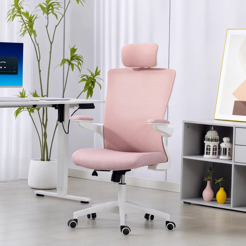 Ergonomic Office Chair, Swivel Desk Chair with Adjustable Lumbar Support, Headrest and Height, Flip-up Armrests, Pink
