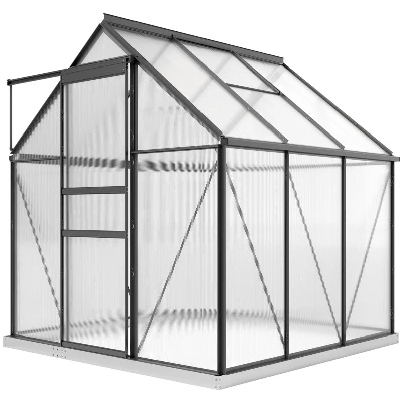 6' x 6' x 6.5' Polycarbonate Greenhouse, Walk-in Green House with Adjustable Roof Vent Galvanized Base Sliding Door Rain Gutter for Outdoor Garden Backyard, Grey