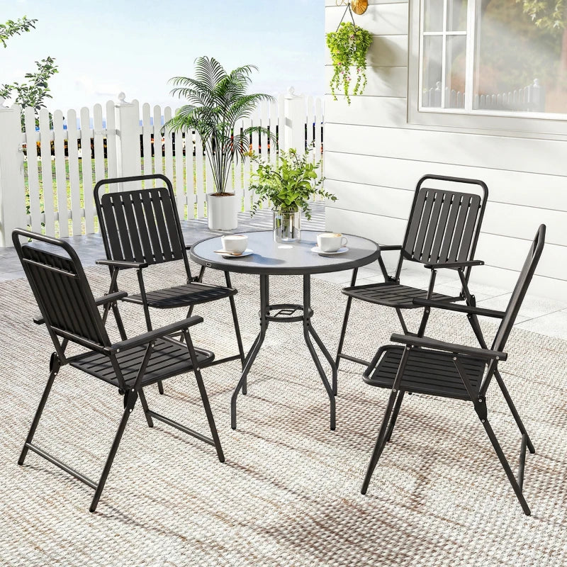 Folding Garden Chairs, Garden Dining Chairs with Plastic Slatted Seat Back, Armrests, Steel Frame, Set of 4, Black