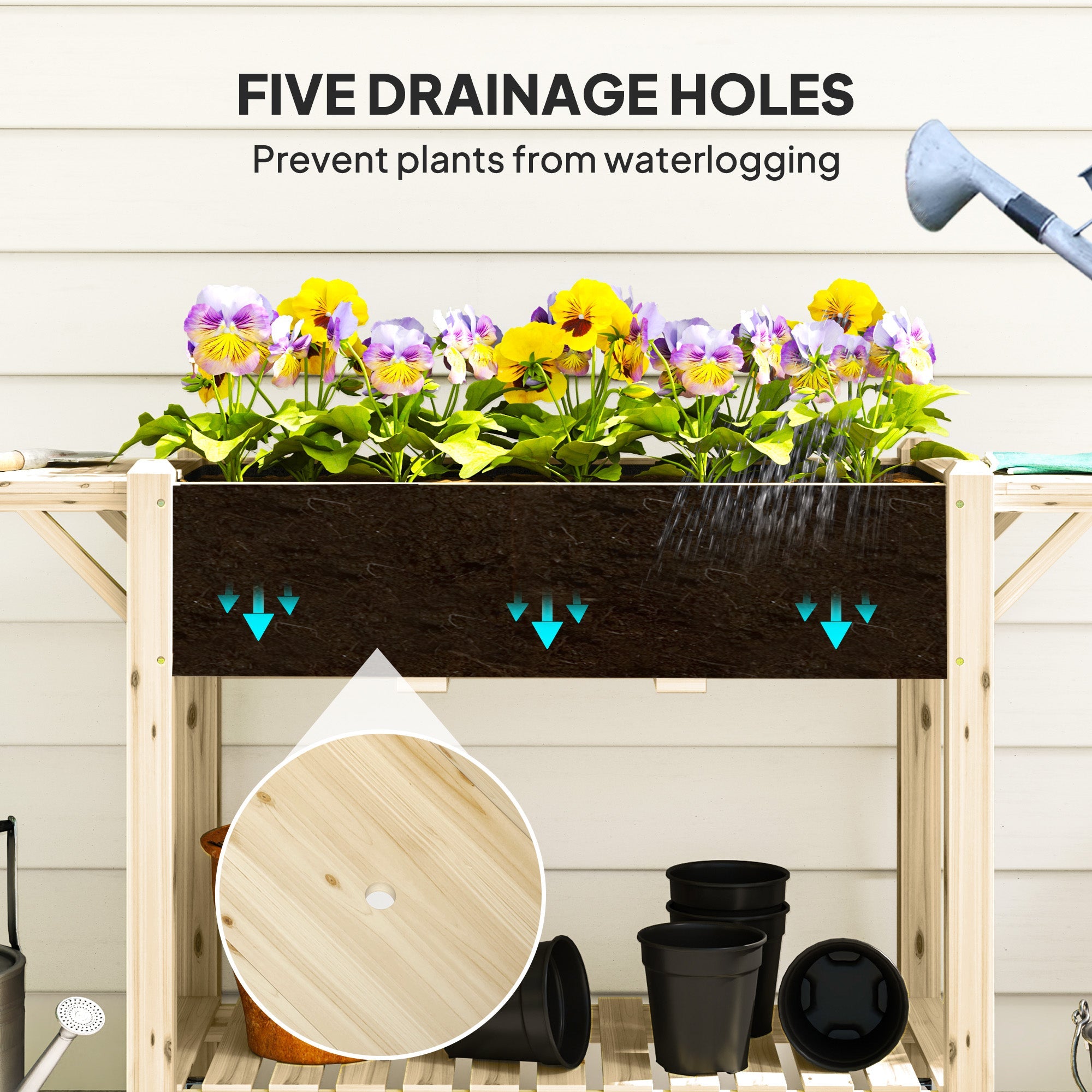 Outsunny Raised Garden Bed, Wood Planter Box with Lockable Wheels, Side Tables, Bottom Shelf, Bed Liner, Drain Holes, Natural 