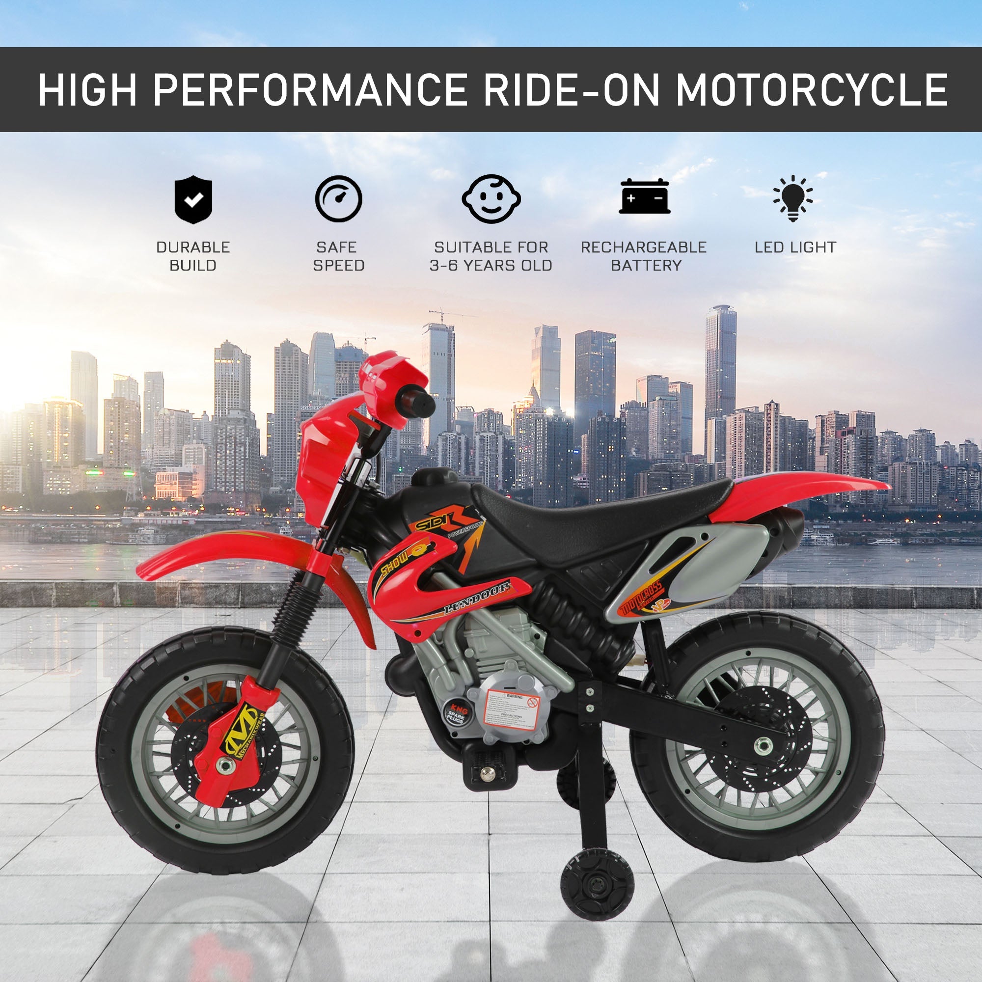 Aosom 6V Kids Electric Ride-On Motorcycle with Training Wheels Battery-Powered Dirt Bike Red 