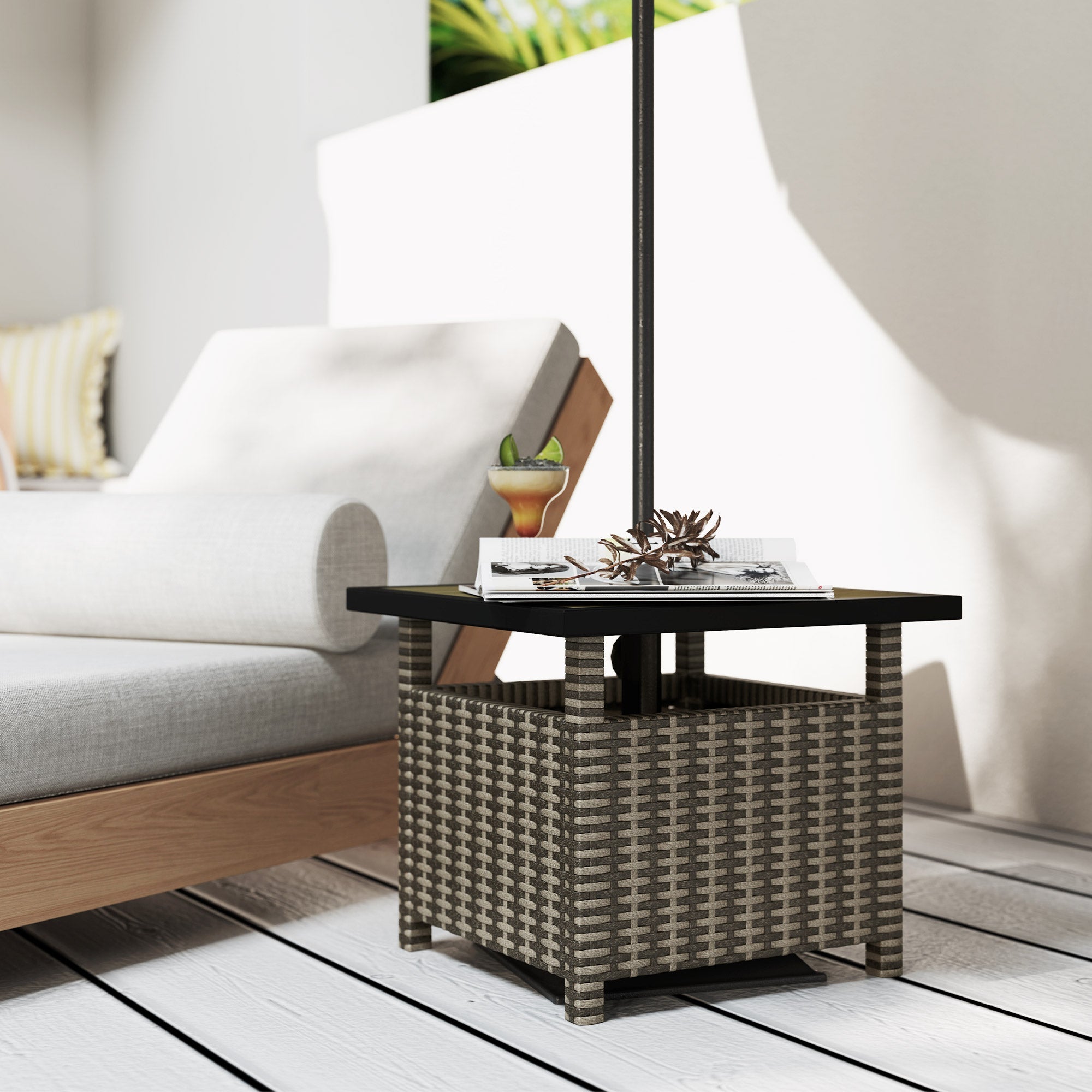Outsunny 22" Square Steel PE Rattan Wicker Table With Umbrella Hole, Outdoor Patio Accent Dining Side Table Used as Umbrella Stand, Mixed-Grey 