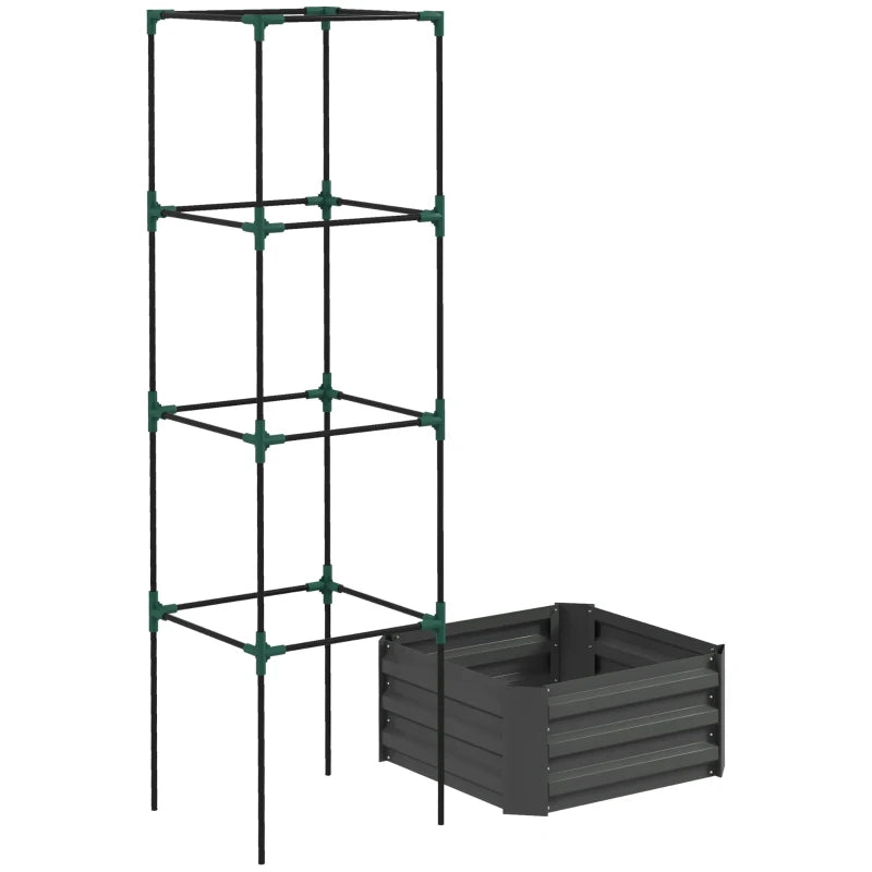 Galvanized Planter Box, Outdoor Raised Garden Bed with 4-Tier Trellis Tomato Cage for Climbing Vines, Vegetables, Grey