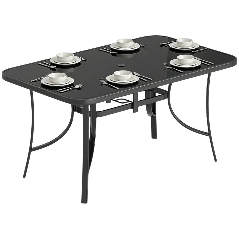 Outdoor Dining Table for 6 with Umbrella Hole, Metal Patio Dining Table with Tempered Glass Top
