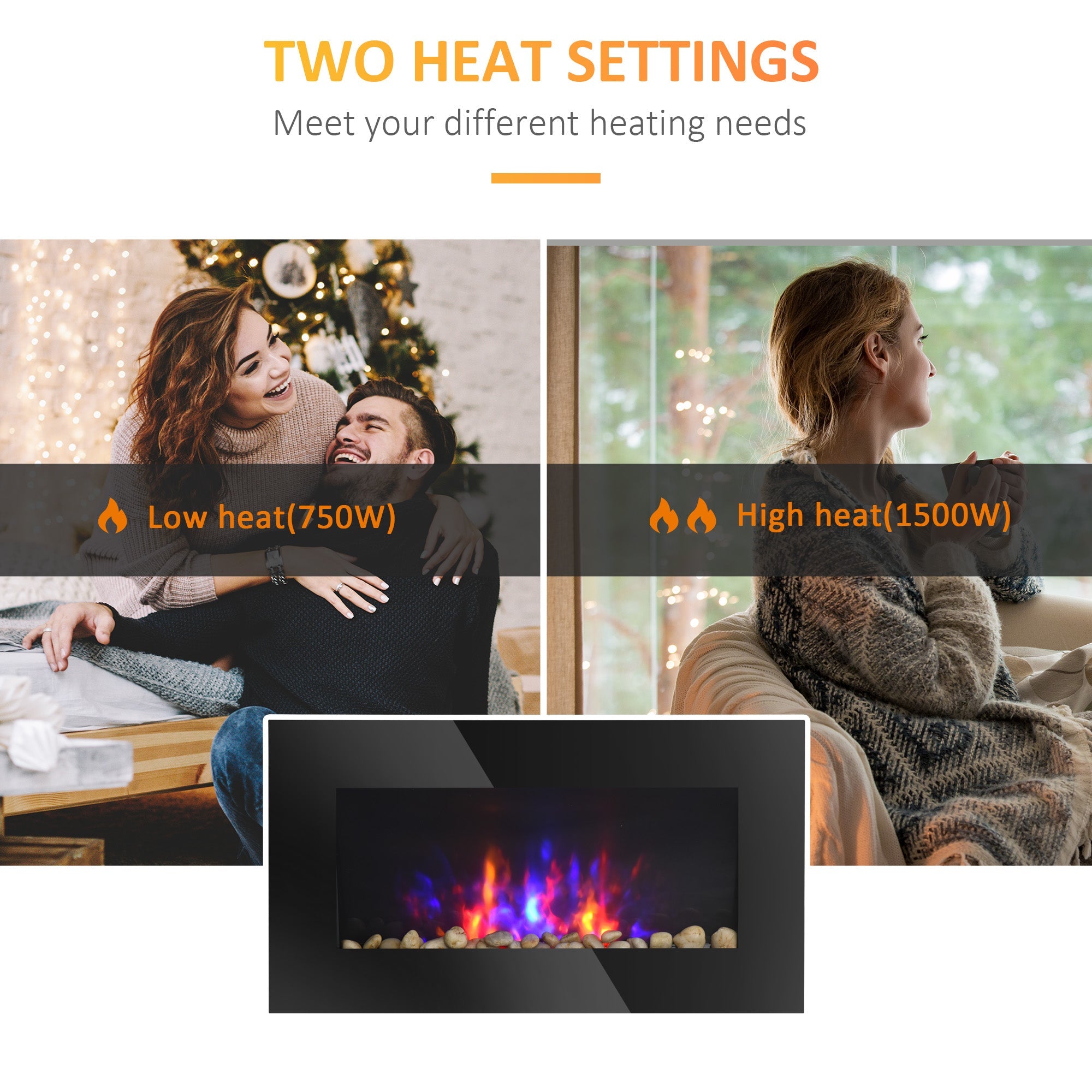 HOMCOM 28.5" Wall Mounted Electric Fireplace Heater with 7 Color Light, LED Flame Effect and Remote Control, 750W/1500W, Black 