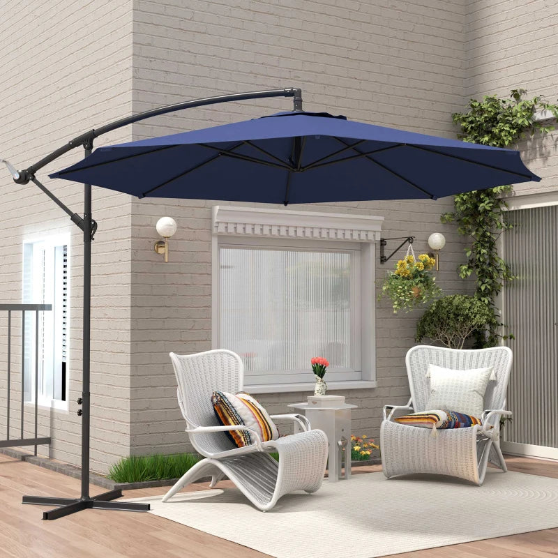 9.7ft Offset Patio UmbrellaCantilever Parasol with Crank Handle, 8 Ribs and Cross Base for Outdoor, Sun Shade, Blue