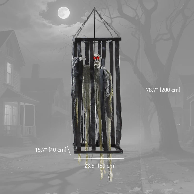 Outsunny Animatronic Hanging Skeleton Reaper in Cage – Voice-Activated Halloween Prop with Flashing Eyes 