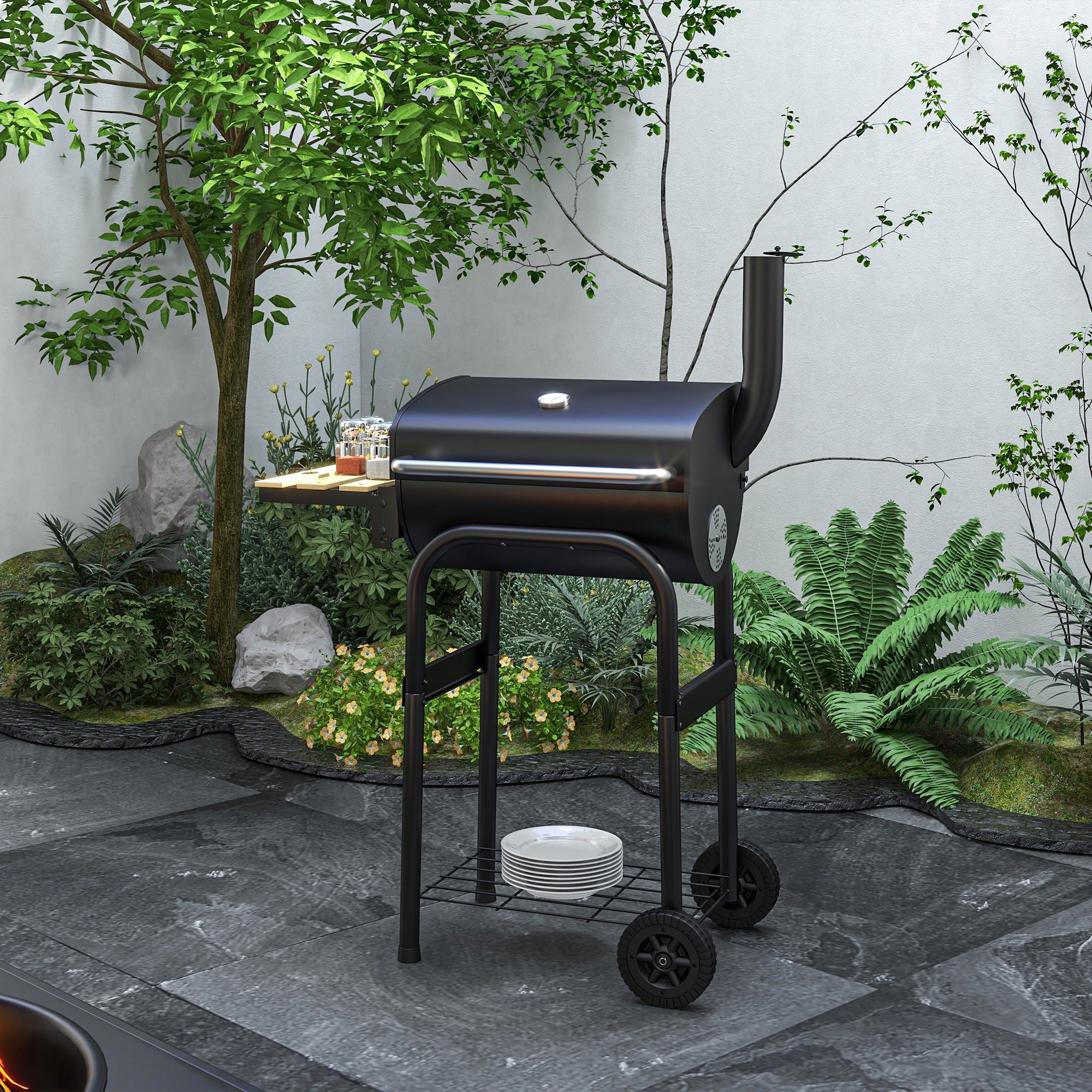 Outsunny Charcoal Barbecue Grill, BBQ with Thermometer, Shelves and Wheels, Black 
