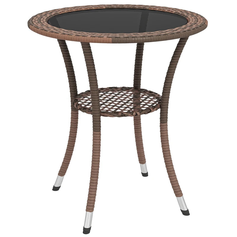 Outdoor Rattan Dining Table, Patio Wicker Round Coffee Table with 2-Tier Storage Shelf, Brown