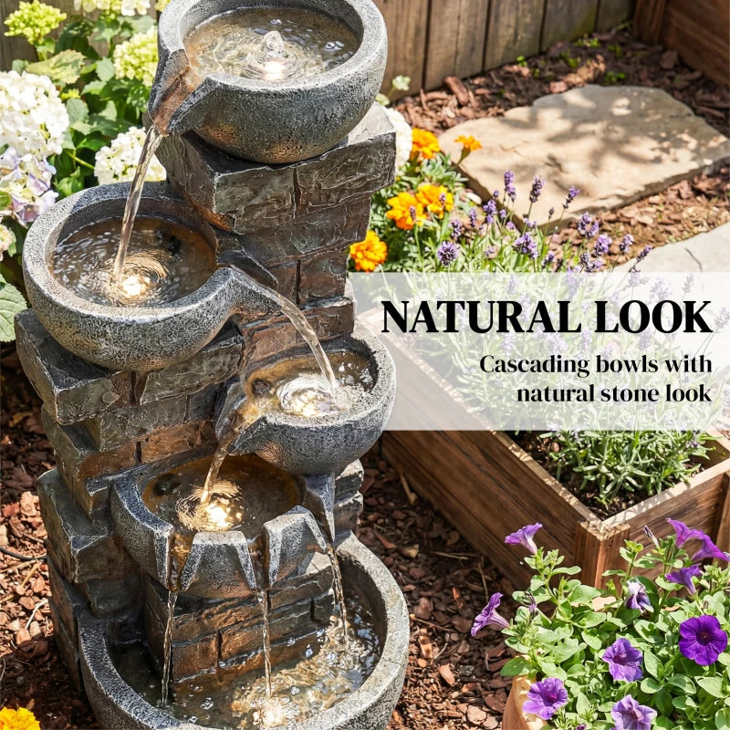 Outdoor 31.5" Tall Water Fountain with LED Lights, 5 Tiers Cascading Water Feature for Garden Patio Home Decor, Grey