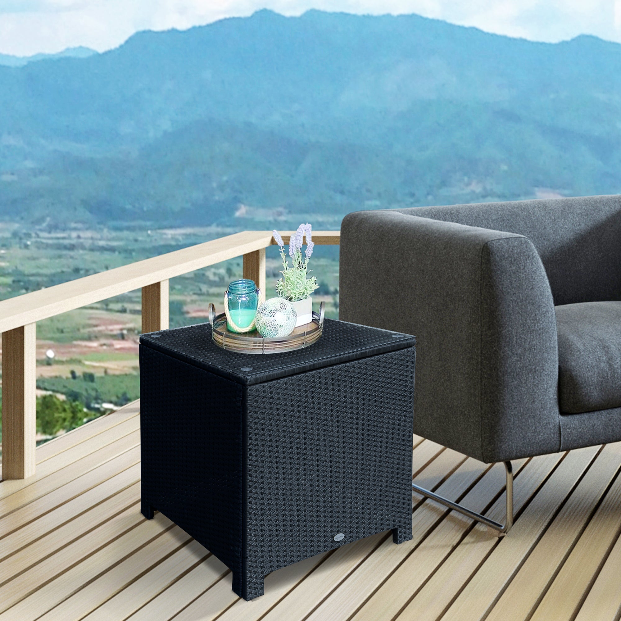 Outsunny Rattan Wicker Side Coffee Table w Glass Top Outdoor Patio Furniture Black 