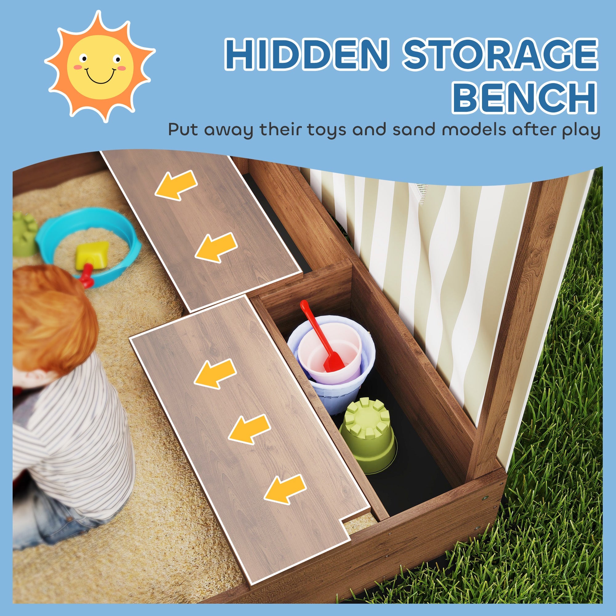 Qaba Kids Sandbox with Full Covered Canopy, Bench Seats, Bottom Liner, for Ages 3-6, 56" x 40" x 52", Brown 