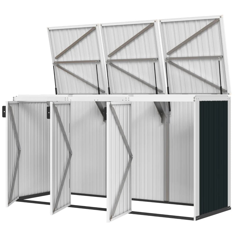 Outdoor Storage Shed Rustproof Garbage Bin Shed with Gas Struts Magnetic Doors for 3 Bins White and Grey