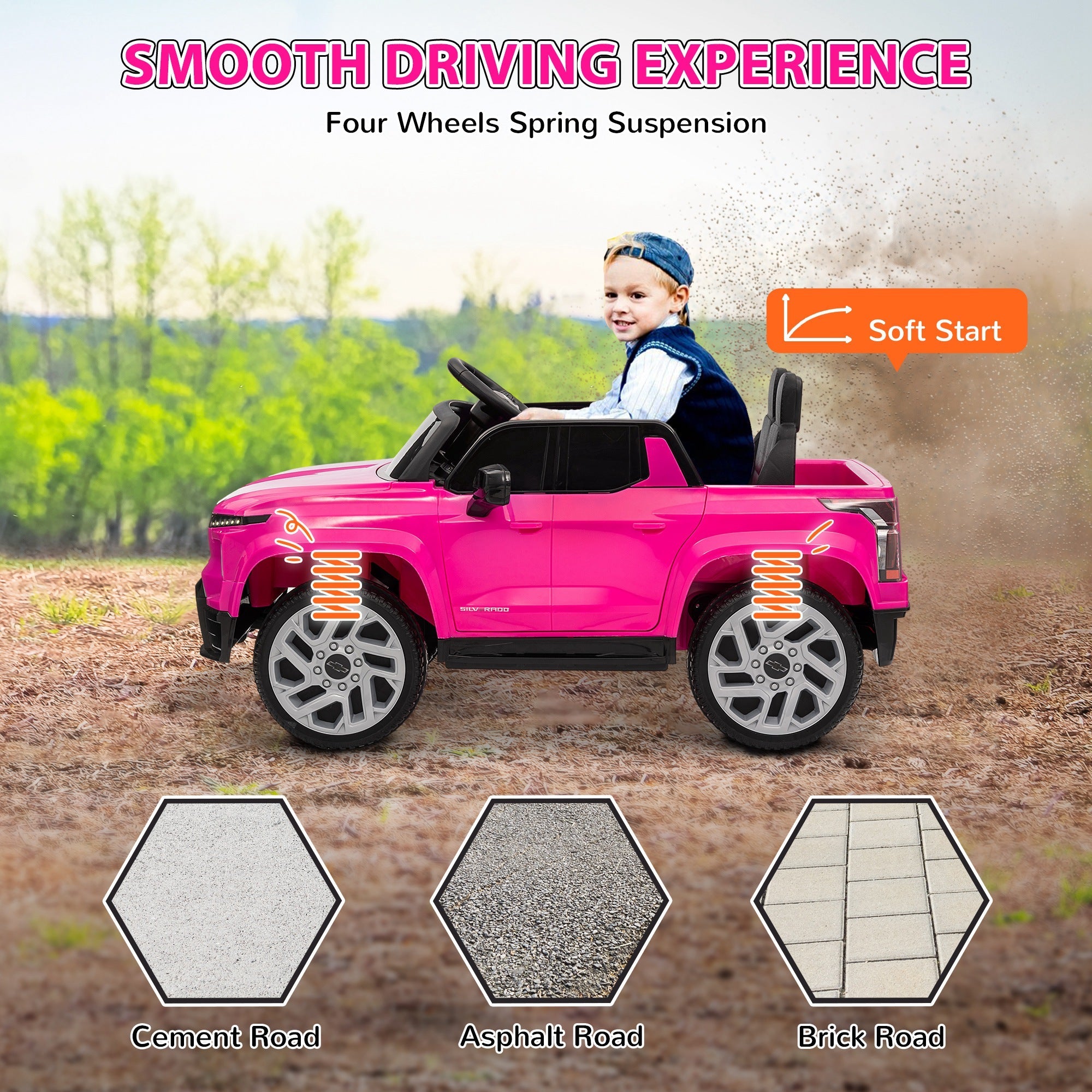 Qaba 12V CHEVROLET SILVERADO EV RST Licensed Kids Car w/ Remote, Spring Suspension, Soft Start, Training Wheels, Pink 