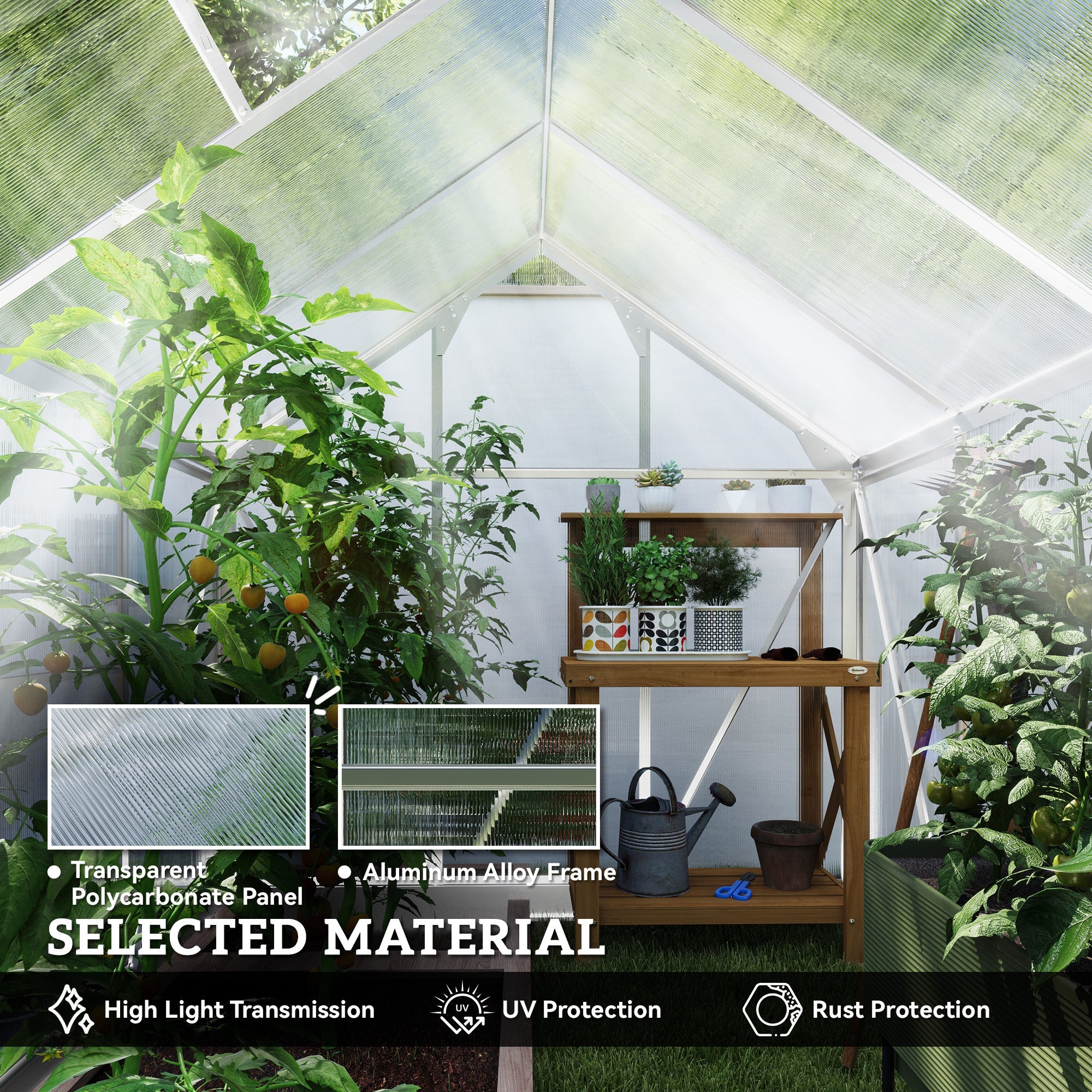 Outsunny 6' x 8' x 6.6' Polycarbonate Greenhouse, Walk-In Green House Kit Garden, Plants Grow, Galvanized Sheet Aluminum Frame with Rain Gutter, Vent and Sliding Door, Silver 