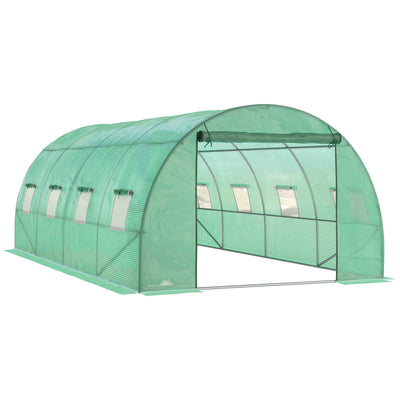 Outsunny Walk-in Tunnel Greenhouse, 19 x 10 x 6.6 ft Hoop House with Zipped Roll-Up Door and 8 Mesh Windows, Outdoor Greenhouse with Galvanised Steel Frame, Green 
