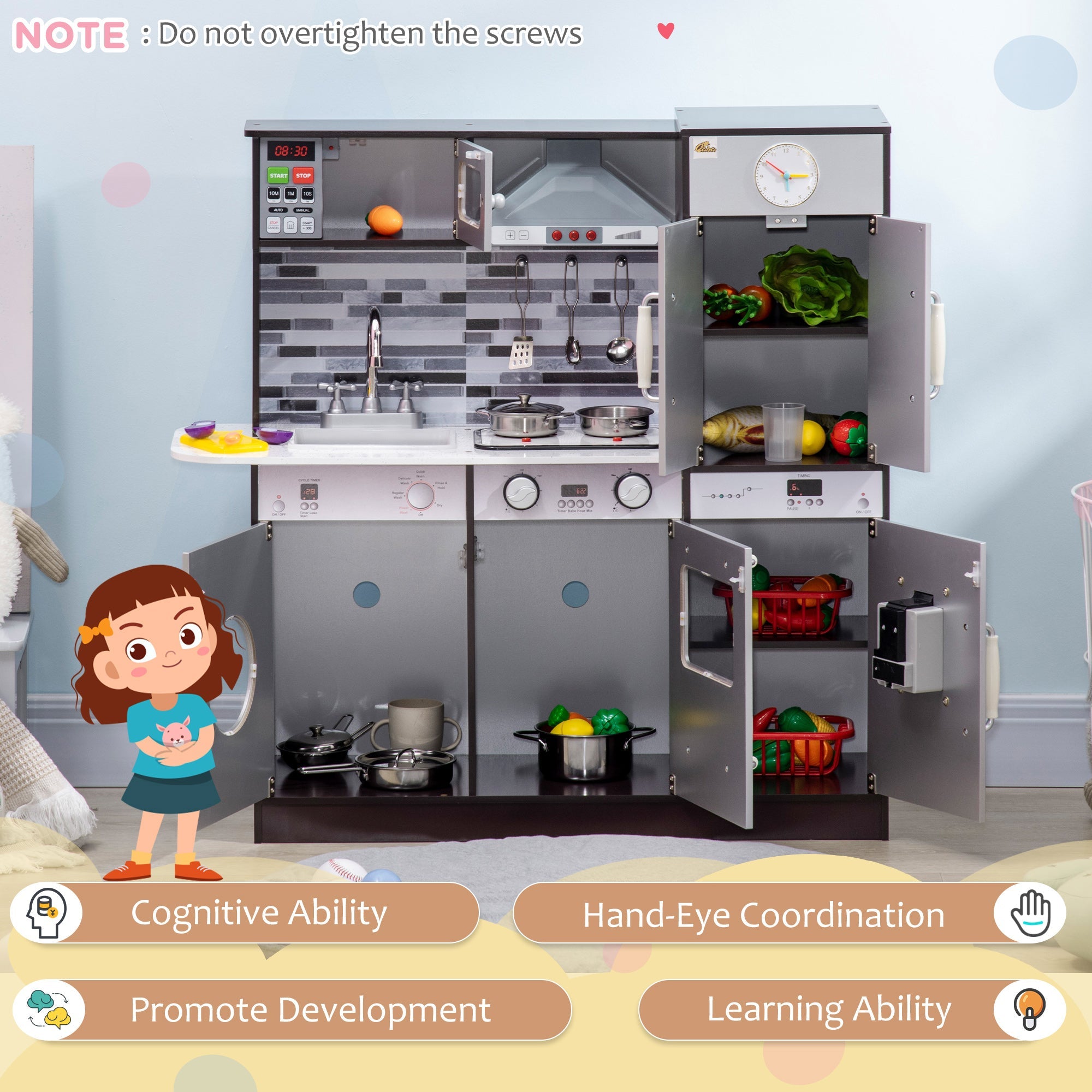 Qaba Wooden Play Kitchen with Lights Sounds, Kids Kitchen Playset with Washing Machine, Water Dispenser, Microwave, Range Hood 