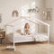 Twin House Bed Frame with Roof, Solid Wood Montessori-Style Kids Bed with Guardrails – White