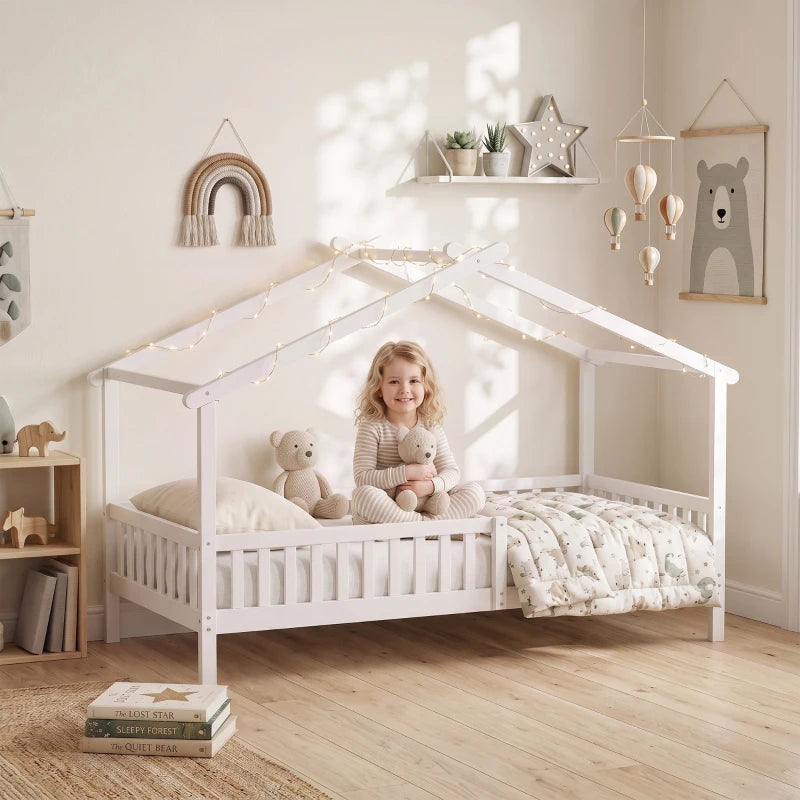Twin House Bed Frame with Roof, Solid Wood Montessori-Style Kids Bed with Guardrails – White