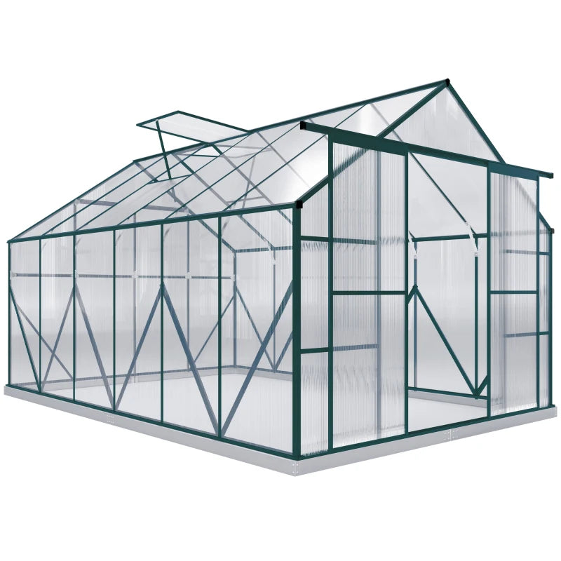 Aluminium Greenhouse Polycarbonate Walk-in Garden Greenhouse Kit with Adjustable Roof Vent, 8 x 12ft, Green
