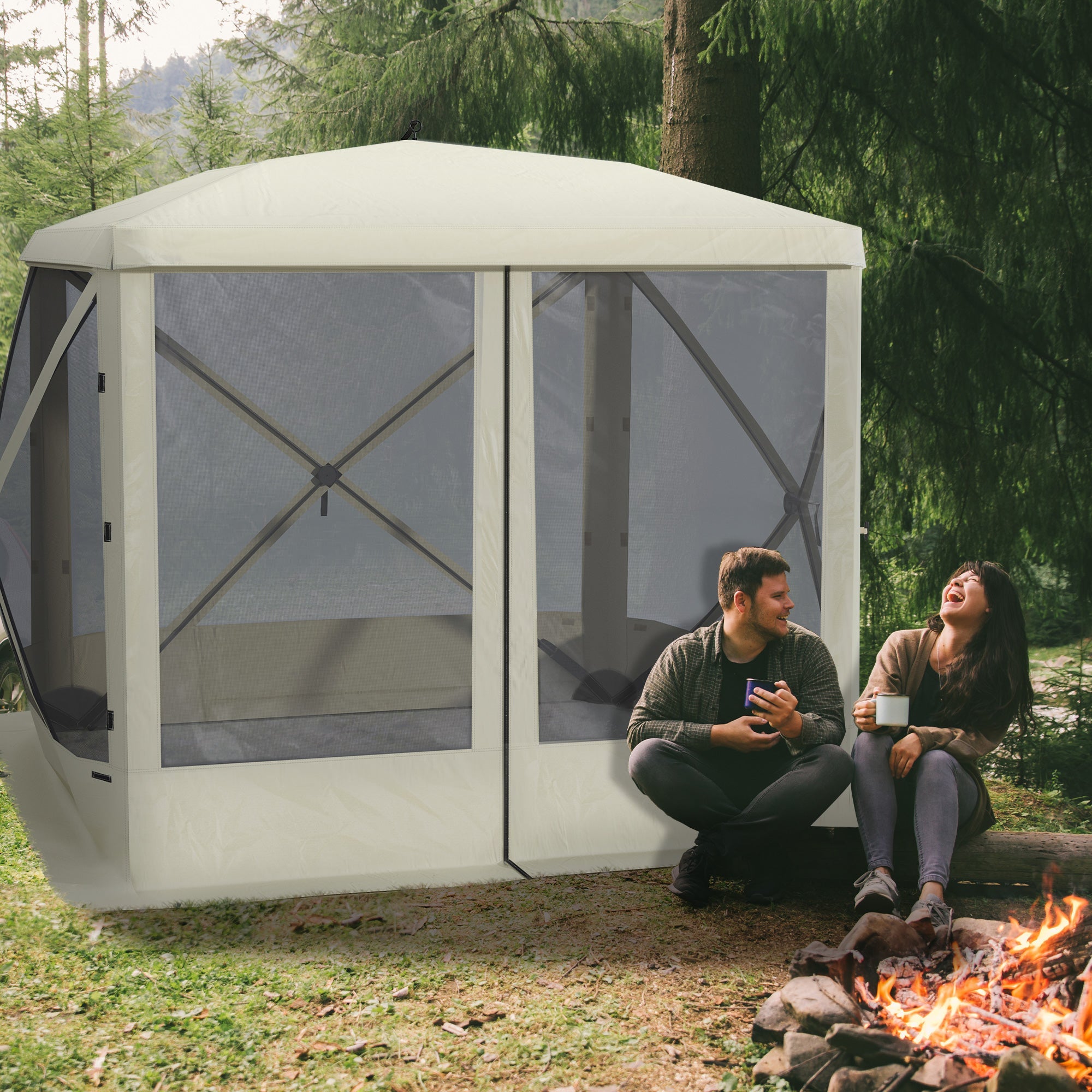 Outsunny Pop-Up Tent Foldable Screen House with Carry Bag Zippered Door Ground Stakes for 3-4 People Beige 