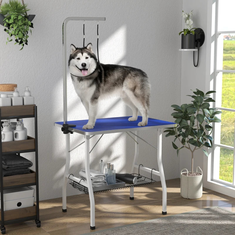Dog Grooming Table w/ Adjustable Arm, Mesh Tray,  Two Nooses, Rubber Surface, 35" x 24" x 61", Blue
