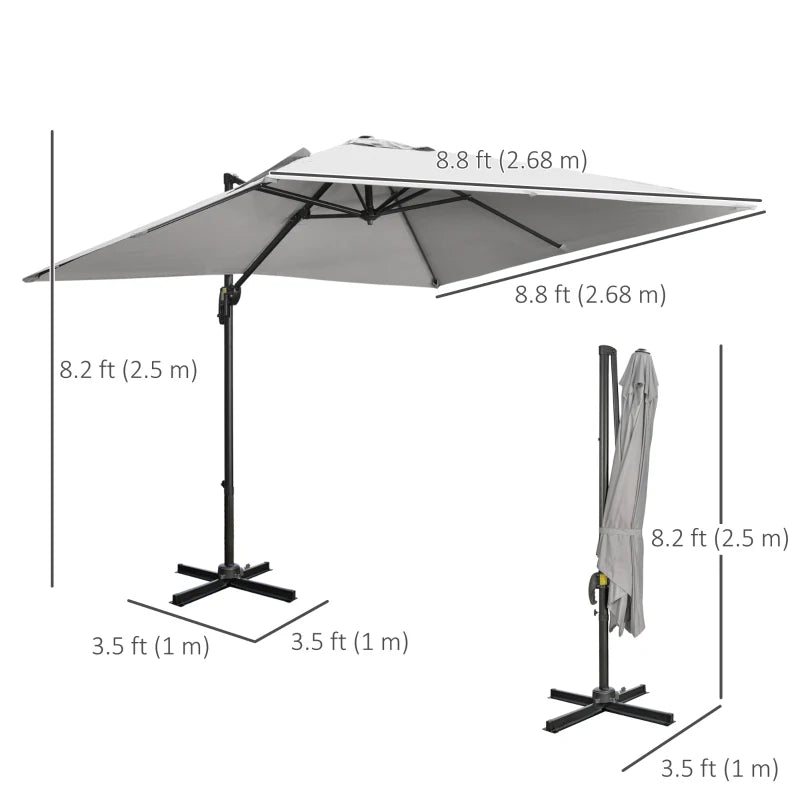 9ft Cantilever Patio Umbrella, Square Overhanging Umbrella with Cross Base, Crank Handle, Tilt Light Grey
