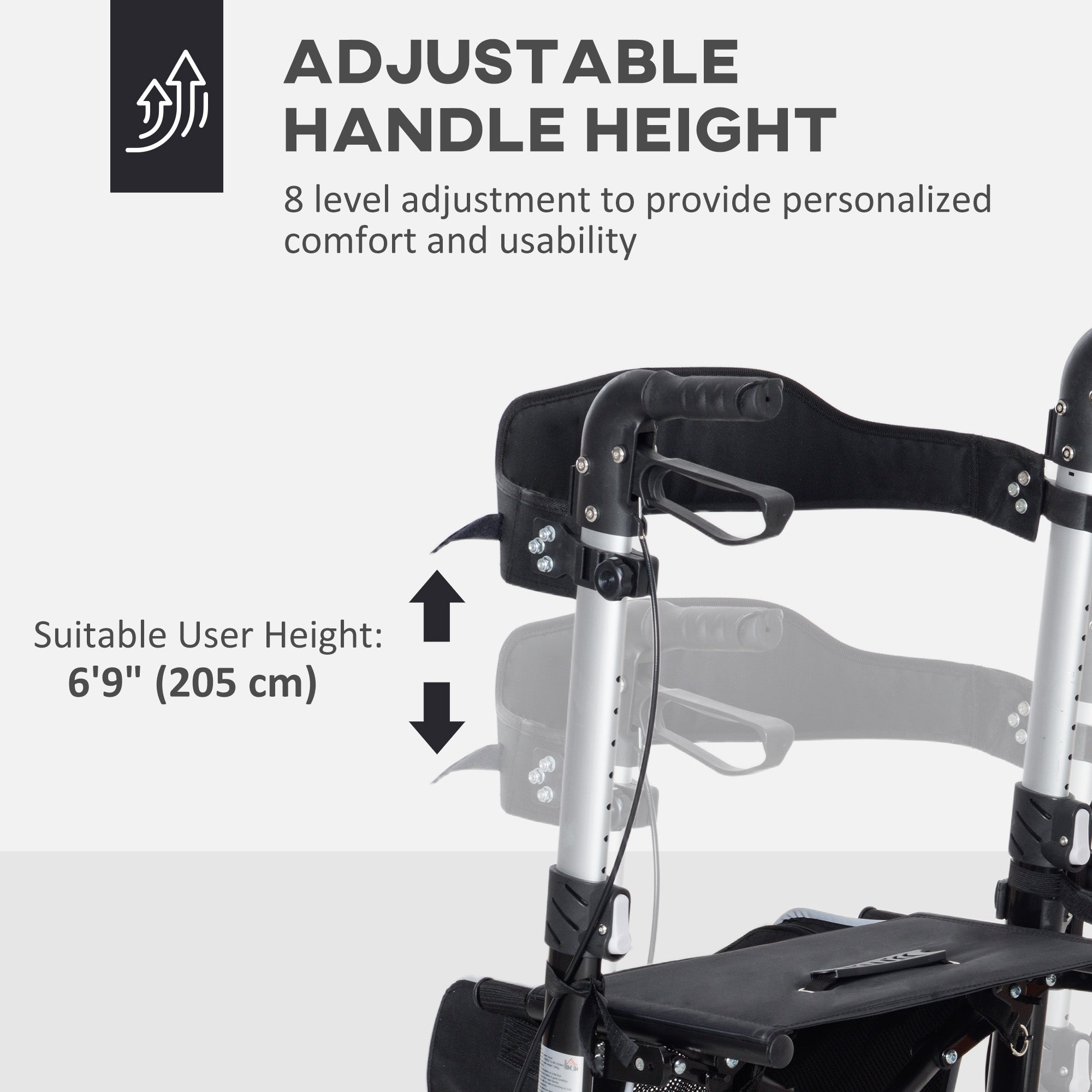 HOMCOM Lightweight Folding Rolling Walker with Large Seat, Back, Adjustable Handle, Bag, Dual Brake, Cane Holder, Black 