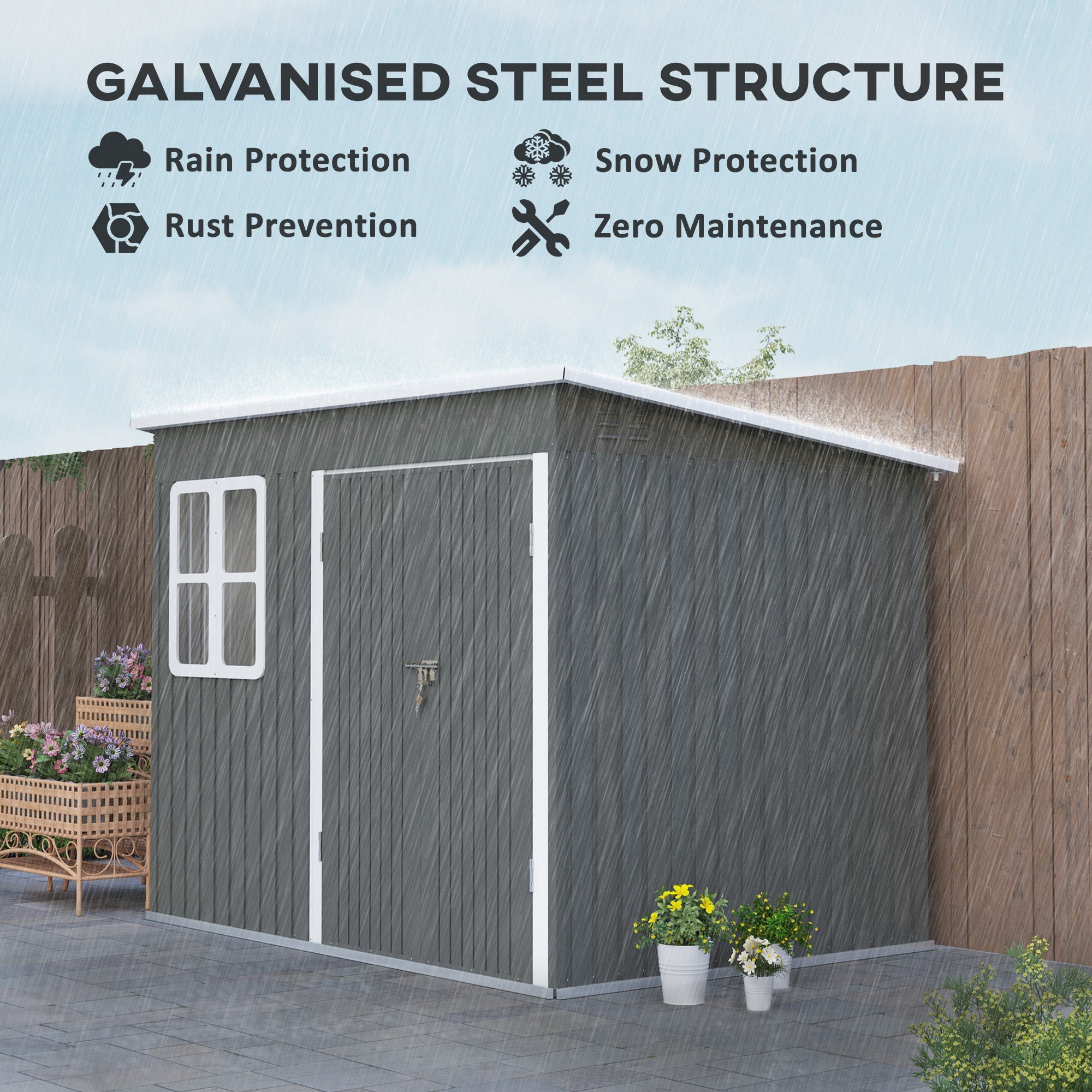 Outsunny 8.5' x 6' Galvanised Steel Outdoor Storage Shed, Garden Shed with Window, Lockable Wide Doors and Air Vents, Dark Grey 