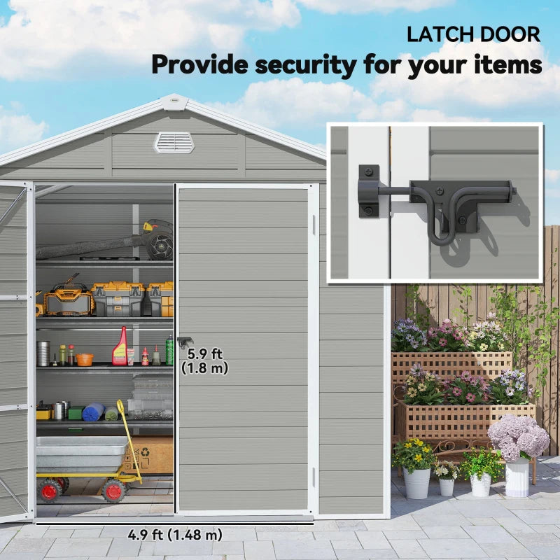 8' x 6' Plastic Garden Storage Shed with Latch Door, Vents, Sloped Roof, Light Grey