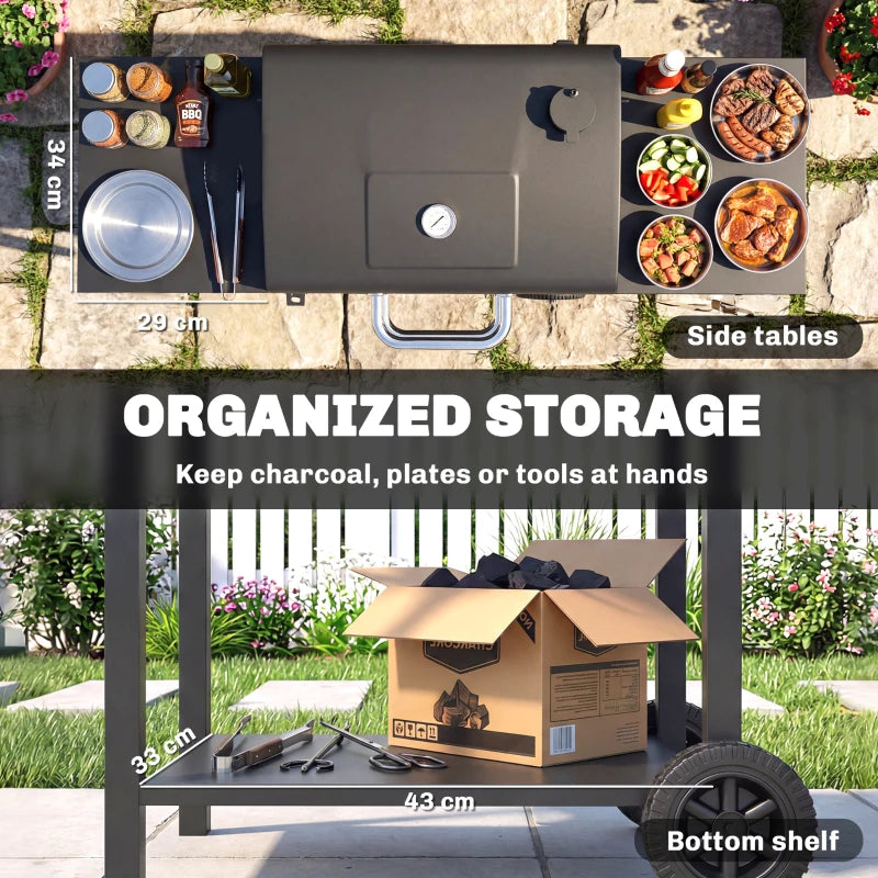 Charcoal Grill with 2 Side Tables, Barbecue Grill with Thermometer and Warming Rack, Wheels, 43.3"x18.3"x39.8", Black