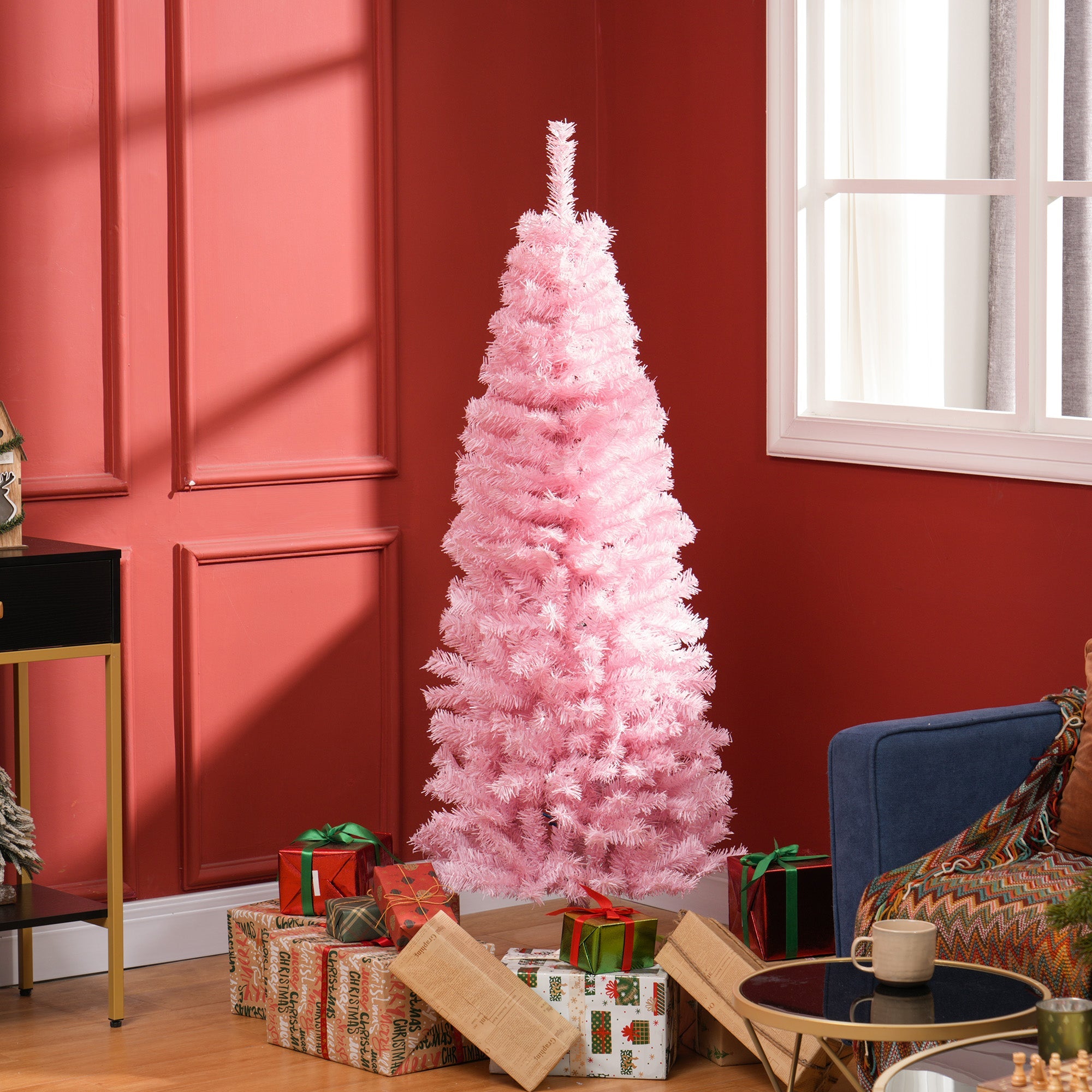 HOMCOM 5FT Pencil Christmas Tree, Artificial Christmas Tree with Automatic Open for Home Party, Pink 