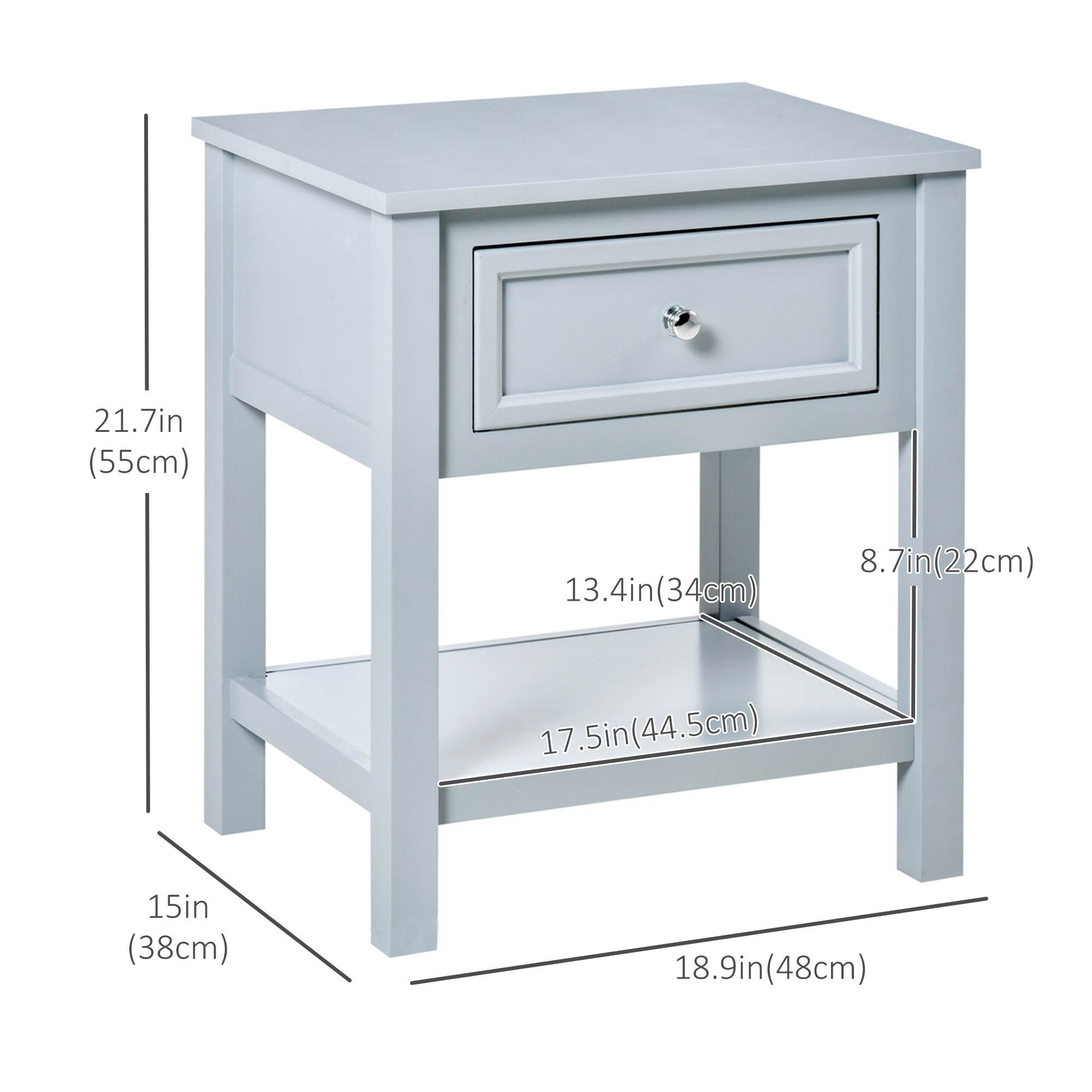 HOMCOM Chic Accent End Table Nightstand Side Table Drawer Storage Shelf Living Room Bedroom Furniture Grey 