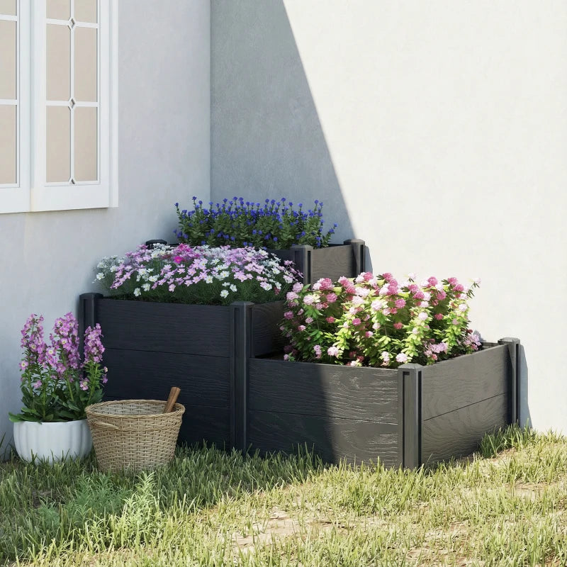 Vinyl Raised Garden Bed Kit, 3-Tier Elevated Garden Box with Open Bottom, DIY Assembly, Grey Wood Effect