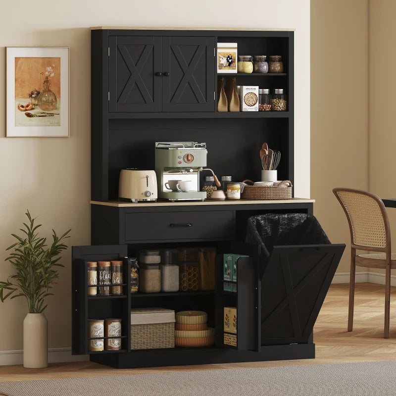 69" Pantry Cabinet with Charging Station, Kitchen Cabinet with Microwave Stand, Tilt-Out Trash Can Cabinet, Black