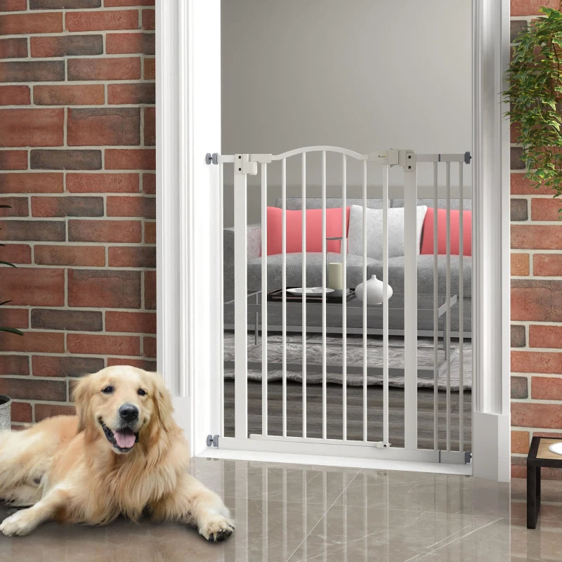 Extra Tall Dog Gate with Door, Pressure Fit, Auto Close, Double Locking for Doorways Hallways Stairs, 29"-34", White