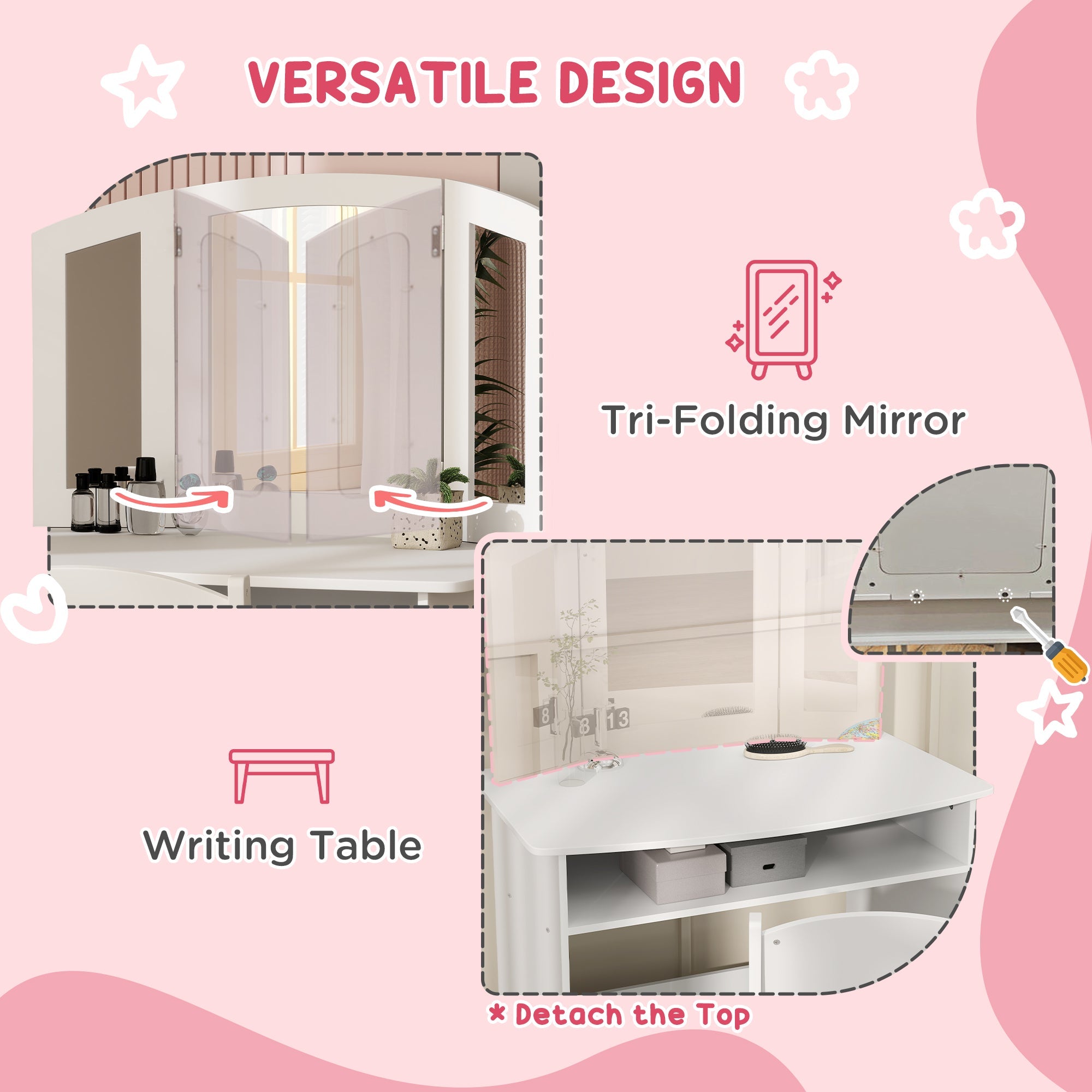 Qaba 2 in 1 Kids Vanity Set Makeup Dressing Table Pretend Play Set with Tri-Folding Mirror, Stool, Storage Shelf 