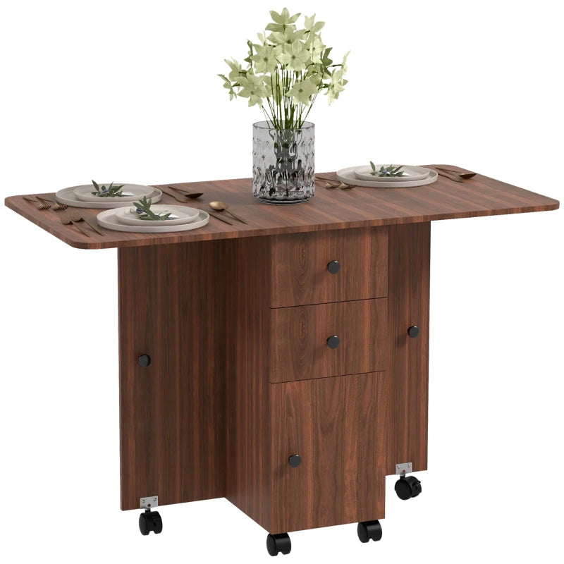 Drop Leaf Dining Table, Mobile Folding Table on Wheels with Drawers and Cabinet for Dining Room, Kitchen, Brown