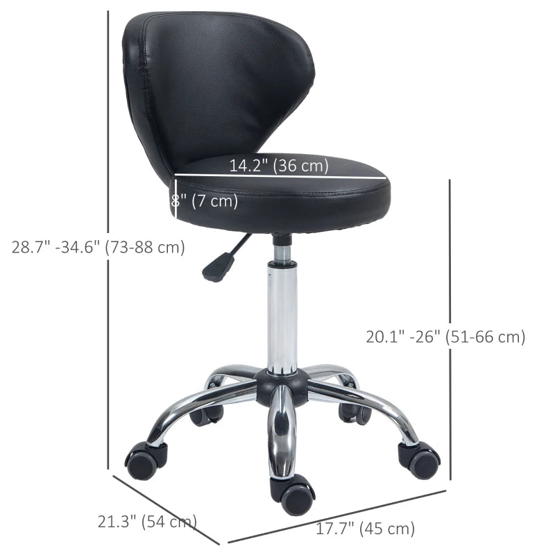 Adjustable Swivel Salon Stool with Backrest and Wheels, Office & Living Room Chair, Synthetic Leather, Black