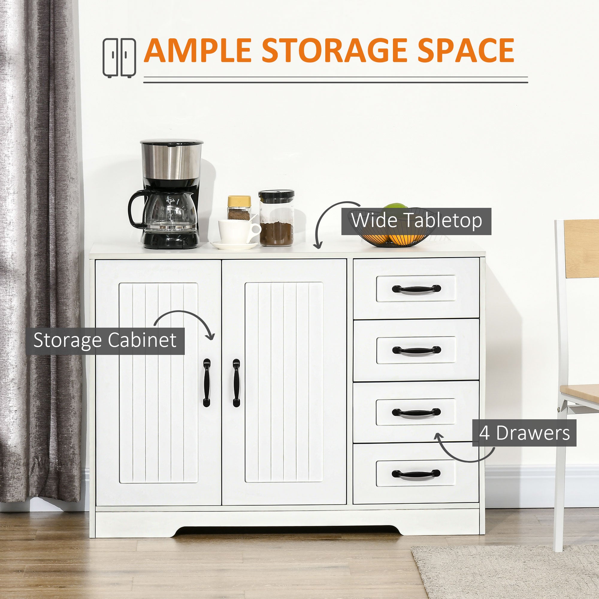 HOMCOM Modern Sideboard Storage Cabinet with Doors Cupboard and Drawers for Living Room Hallway Home Organization White 