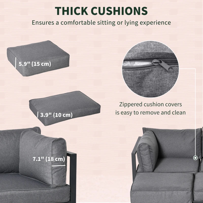 6 Pieces Patio Furniture Set, Space-Saving Sectional Outdoor Daybed with Aluminum Frame and Thickened Cushions, Grey