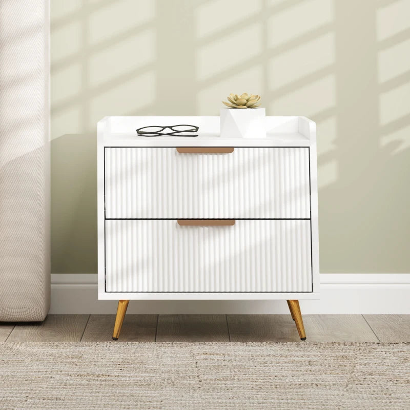 Bedside Table, Nightstand with 2 Drawers, Side End Table with Metal Legs for Bedroom, White
