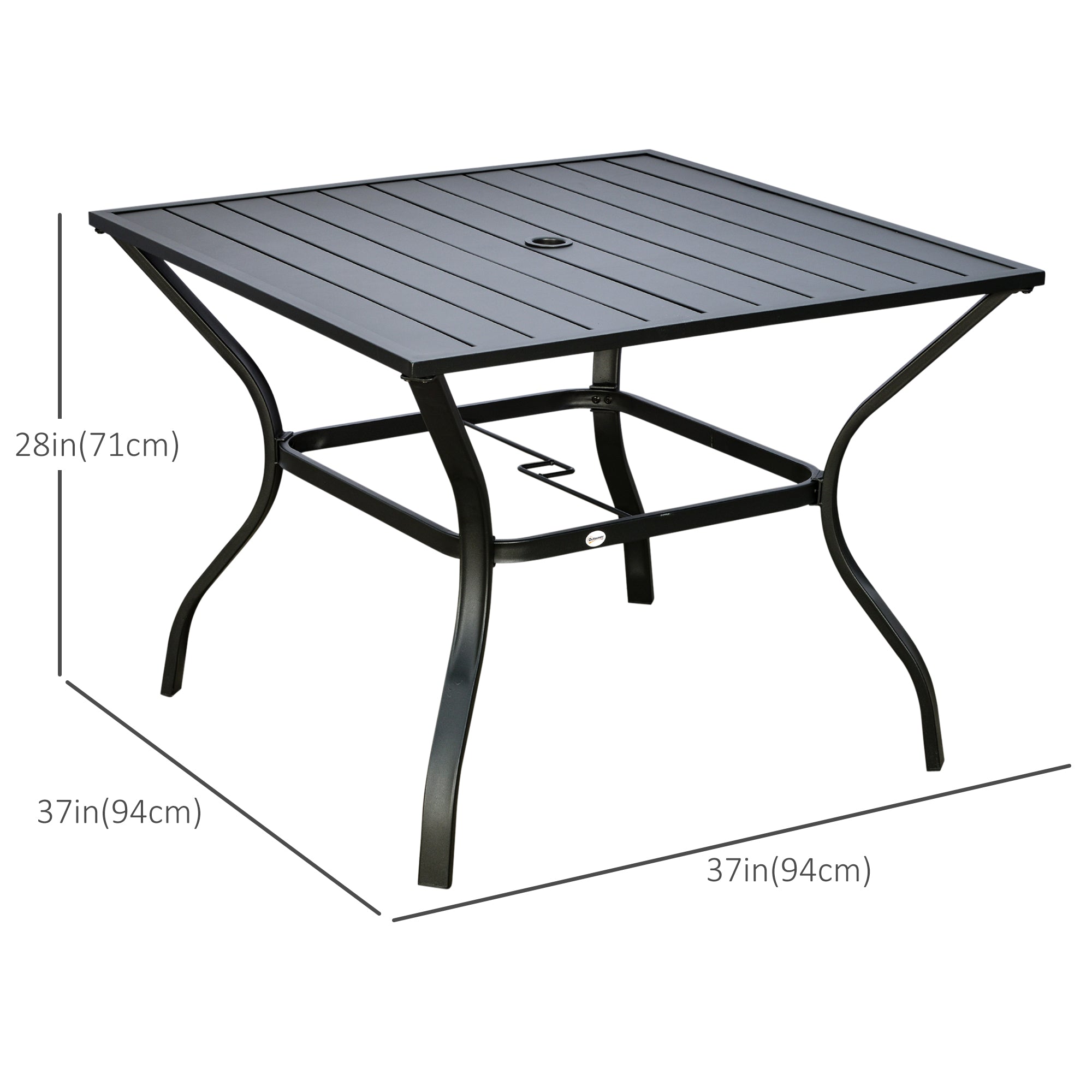 Outsunny Alfresco Dining: 4-Person Outdoor Dining Table with Parasol Hole, Patio Table, Slatted Metal Top for Garden Backyard, Black 