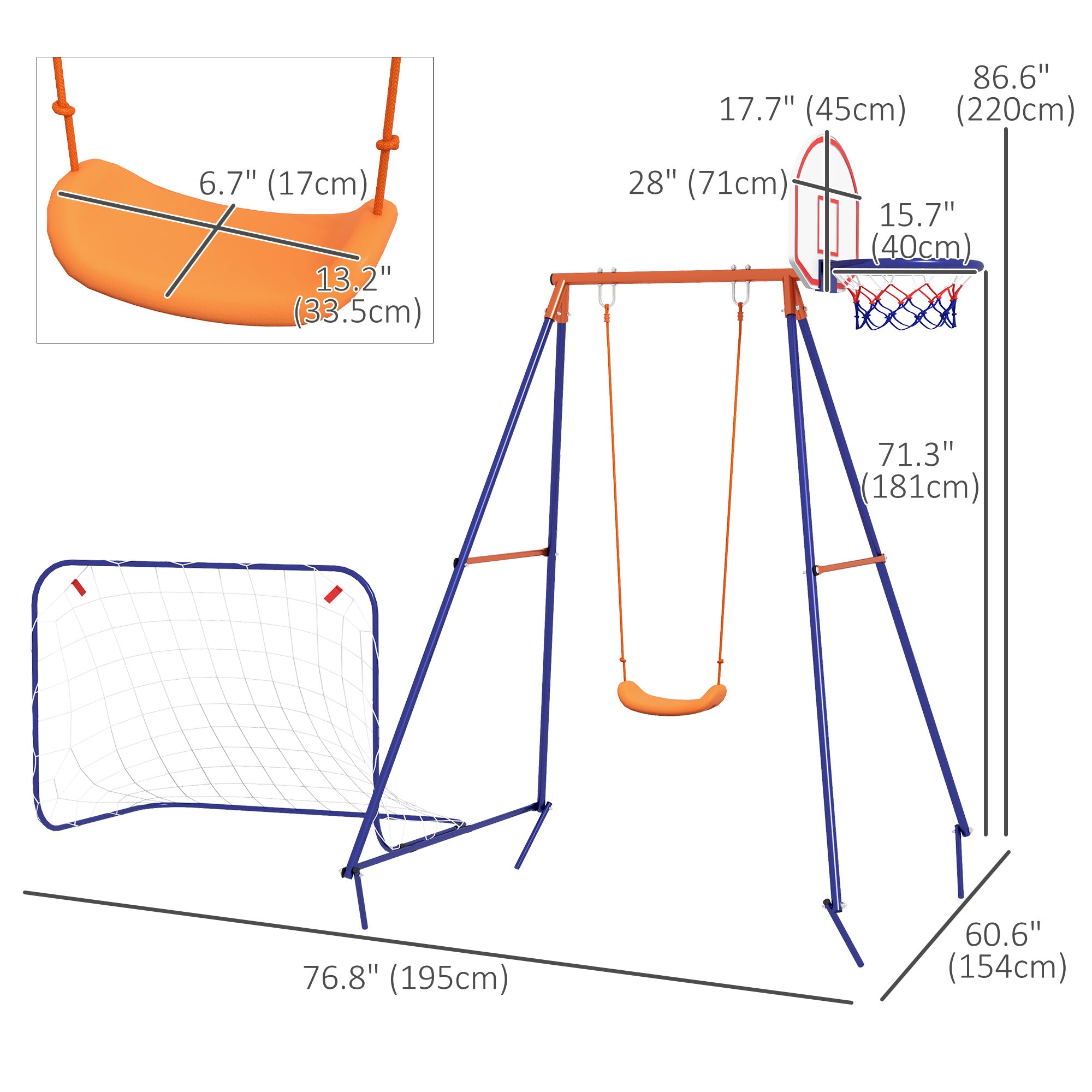 Outsunny Outdoor Kids Swing Set with Seat, Basketball Hoop, Football Goal, Secure Ground Stakes for Ages 3-8 