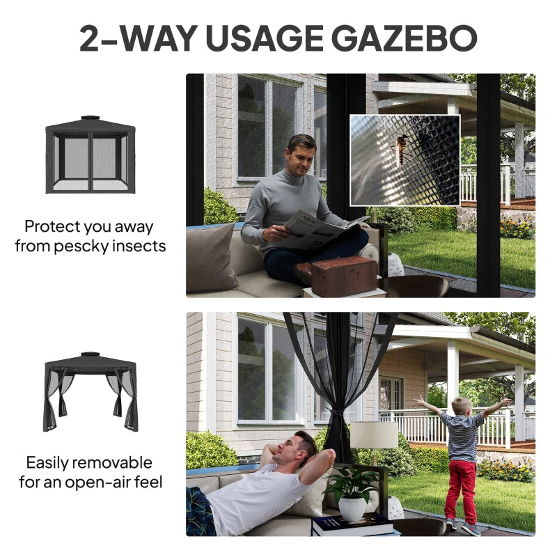 9.6' x 9.6' Patio Gazebo Outdoor Pavilion 2 Tire Roof Canopy Shelter Garden, Steel Frame w/ Mosquito Netting, Dark Grey