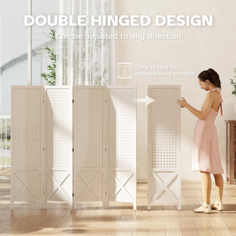 56.9" 4 Panel Wooden Room Divider with Pegboard Display, Folding Privacy Screen for Home Office, White